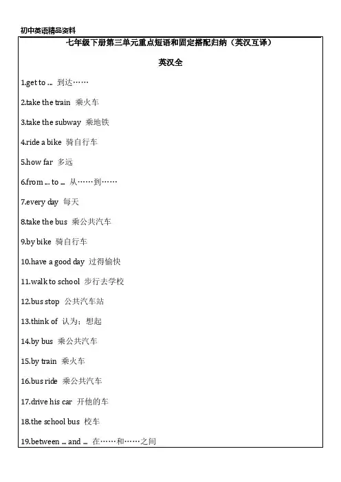 初中英语精品资料七年级下册第三单元重点短语和固定搭配归纳(英汉互译)