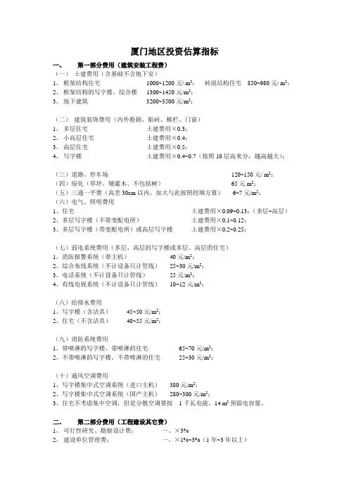 厦门地区投资估算指标