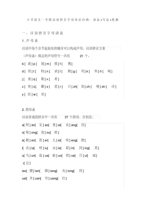 小学语文一年级汉语拼音字母知识归纳：读法+写法+笔顺