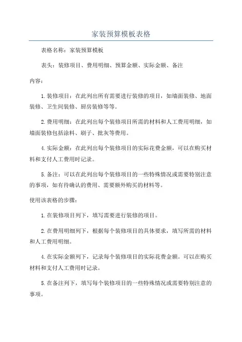 家装预算模板表格