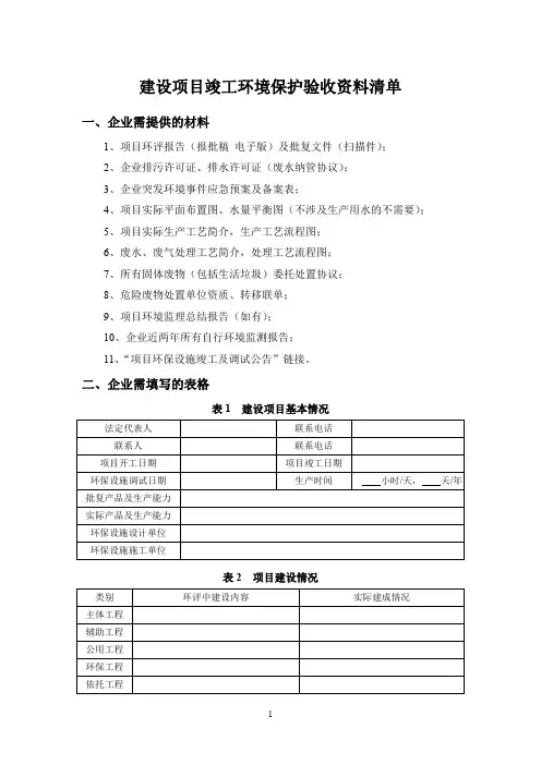 建设项目竣工环境保护验收资料清单