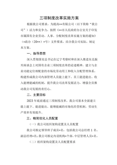 三项制度改革实施方案