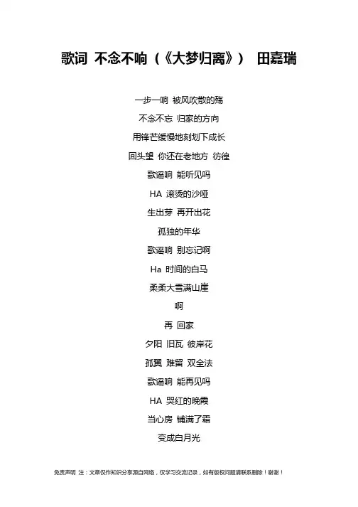 歌词 不念不响 (《大梦归离》)  田嘉瑞