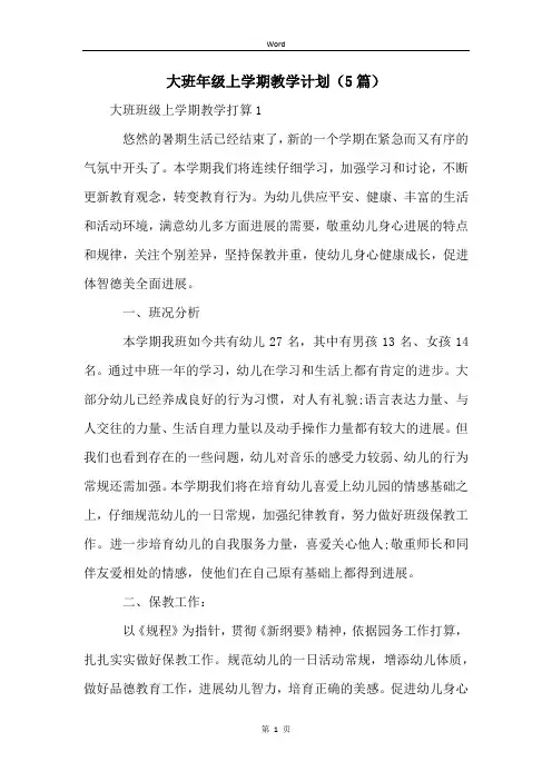 大班年级上学期教学计划(5篇)