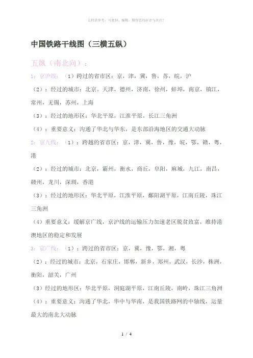 中国铁路干线图(三横五纵)
