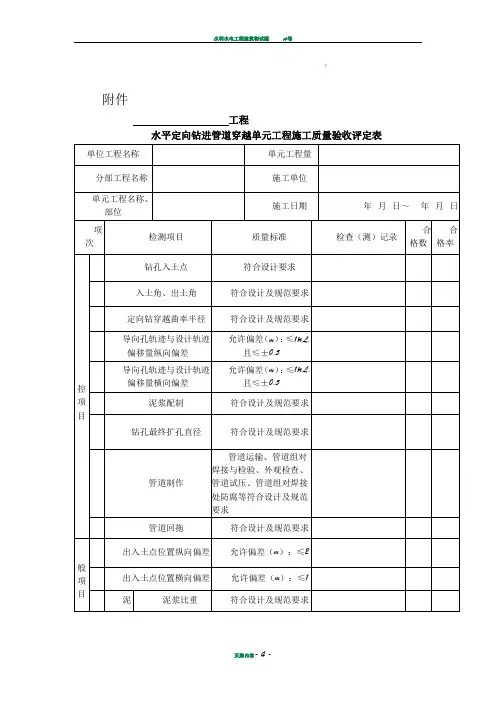 水平定向钻进管道穿越单元工程施工质量验收评定表