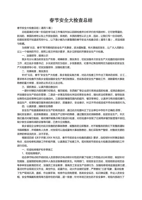 春节安全大检查总结（通用5篇）