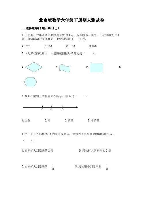 北京版数学六年级下册期末测试卷附参考答案(完整版)