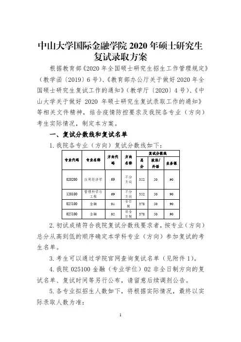 中山大学国际金融学院2020年硕士研究生复试录取方案