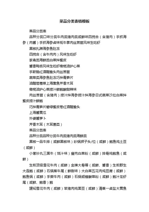 菜品分类表格模板