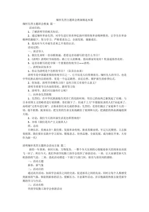 缅怀先烈主题班会教案精选5篇