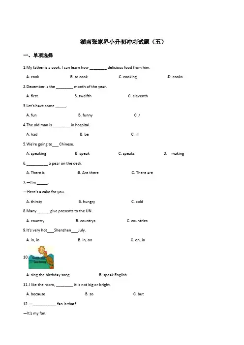 六年级下册英语试题：2019湖南张家界小升初冲刺试卷(五) 湘少版_含答案