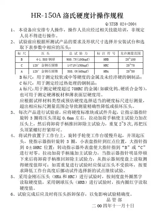 HR-150A洛氏硬度计操作规程