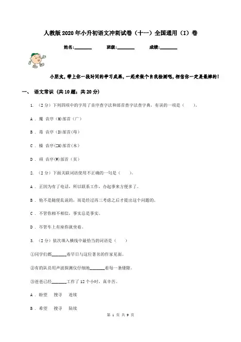 人教版2020年小升初语文冲刺试卷(十一)全国通用(I)卷