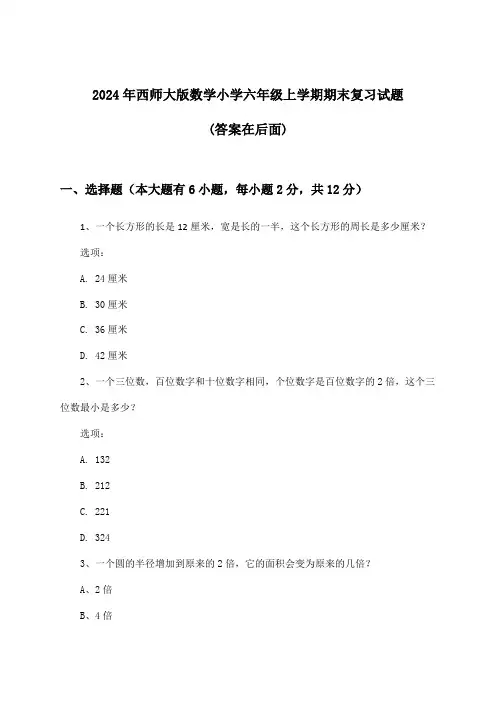 西师大版数学小学六年级上学期期末试题与参考答案(2024年)
