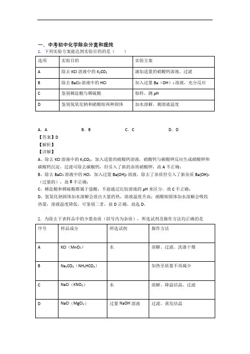 2020-2021全国中考化学除杂分离和提纯的综合中考真题汇总附答案解析