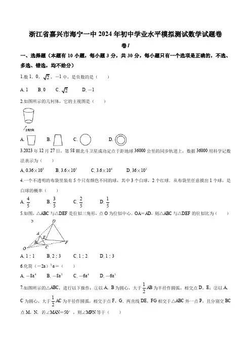 2024年浙江省嘉兴市海宁第一中学中考数学模拟试卷