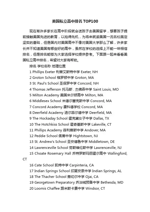 美国私立高中排名TOP100