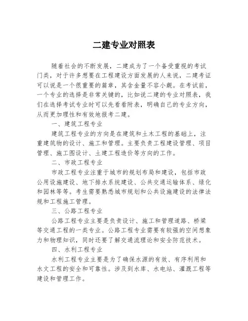 二建专业对照表