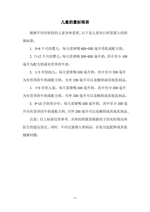 儿童奶量标准表