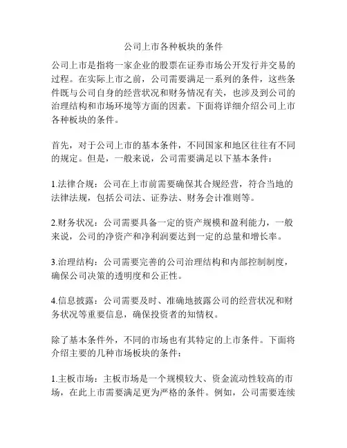 公司上市各种板块的条件