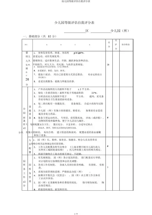 幼儿园等级评价自我评分表