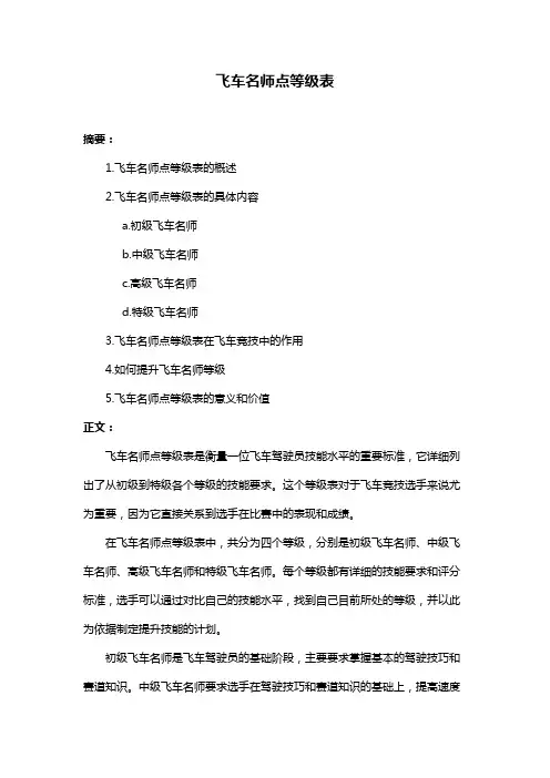 飞车名师点等级表