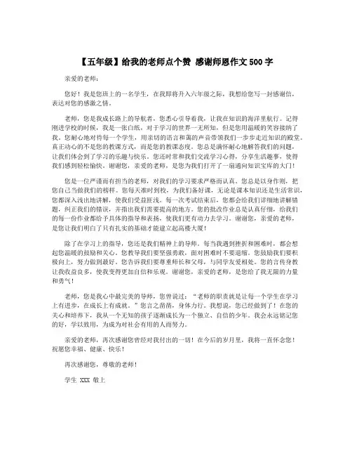【五年级】给我的老师点个赞 感谢师恩作文500字