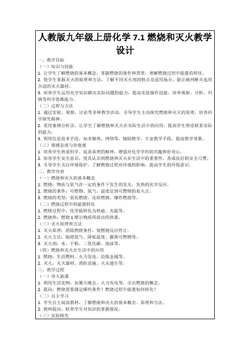 人教版九年级上册化学7.1燃烧和灭火教学设计
