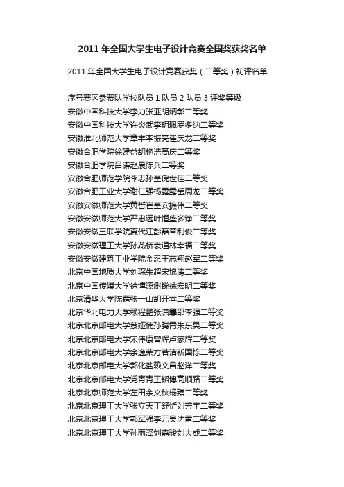 2011年全国大学生电子设计竞赛全国奖获奖名单