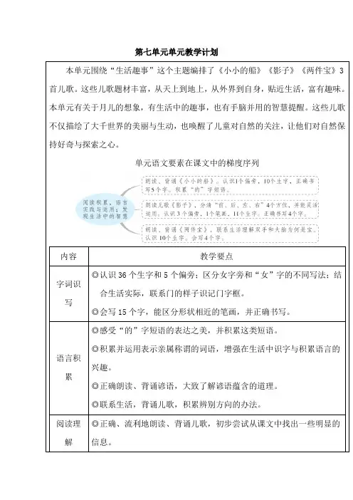 (最新)24年秋部编一年级语文上册：第七单元单元教学计划
