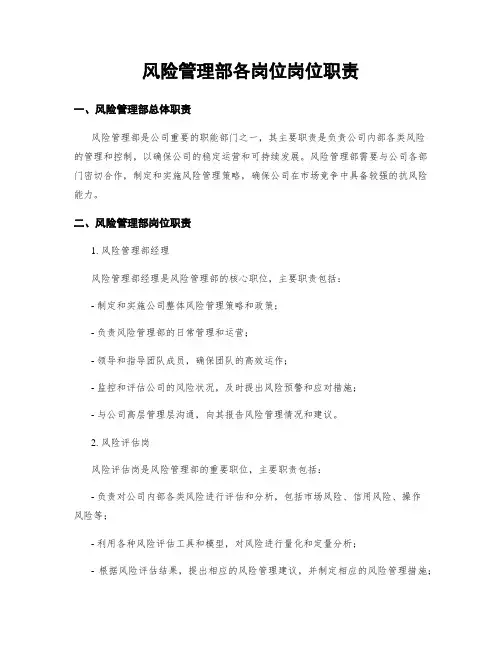 风险管理部各岗位岗位职责