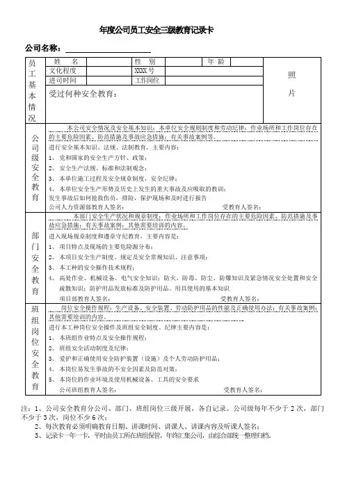 三级安全教育培训卡