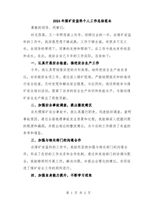 2024年煤矿安监科个人工作总结范本