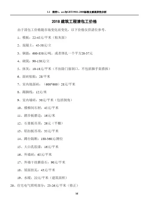2018建筑工程清包工价格