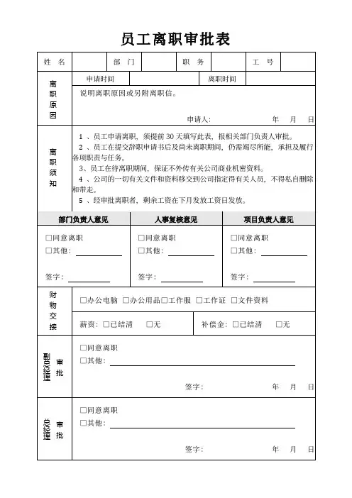 常用员工离职审批单