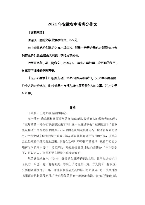2021年安徽省中考满分作文《回响》