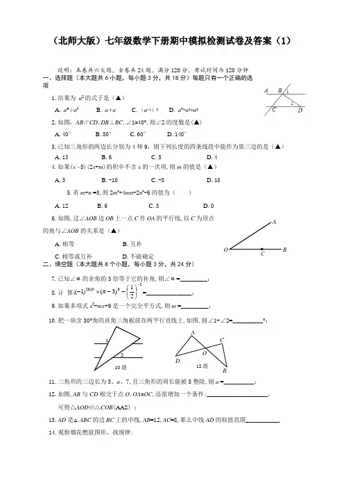 北师大版七年级数学下册期中测试卷及答案