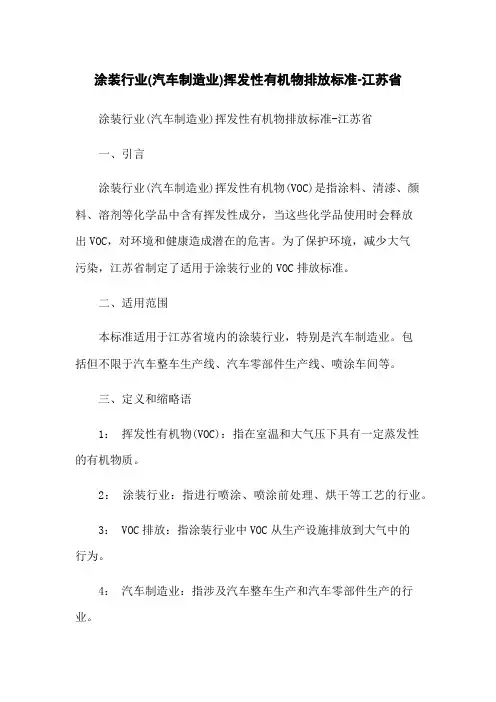 涂装行业(汽车制造业)挥发性有机物排放标准-江苏省
