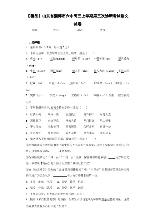 山东省淄博市六中高三上学期第三次诊断考试语文试卷 (2)