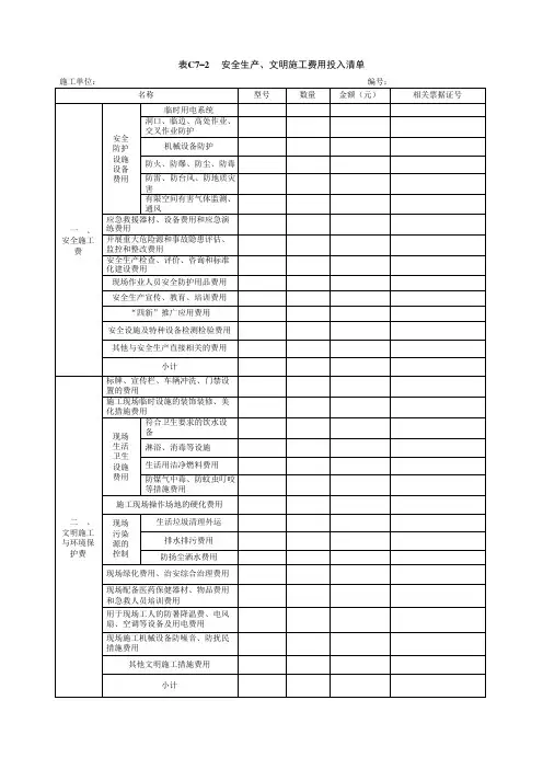 安全生产、文明施工费用投入清单-安全技术资料表格