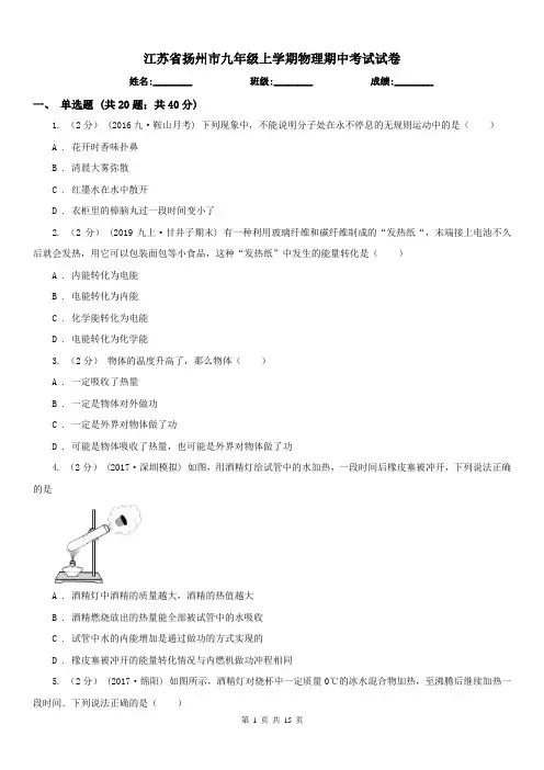 江苏省扬州市九年级上学期物理期中考试试卷