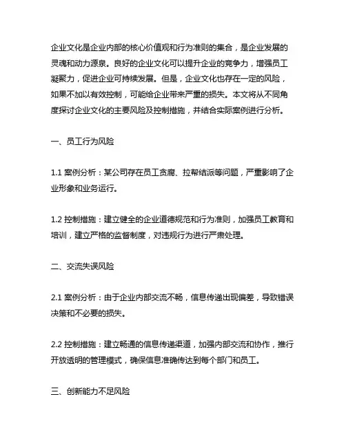 企业文化主要风险及控制措施案例