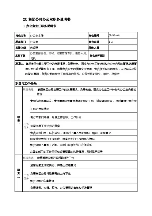 XX集团公司办公室职务说明书