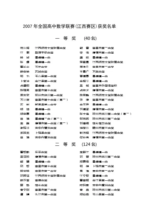 2007年全国高中数学联赛(江西赛区)获奖名单