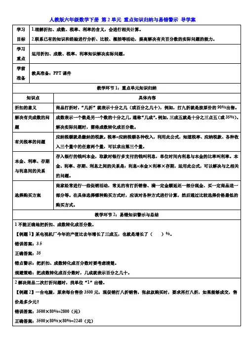 人教版六年级数学下册 第2单元 重点知识归纳与易错警示 导学案