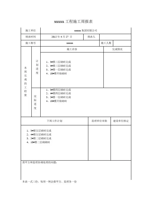 建筑施工进度计划周报表