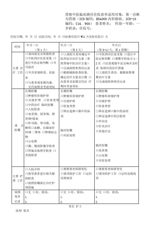 胃癌路径住院表单