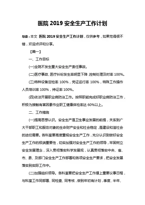 医院2019安全生产工作计划