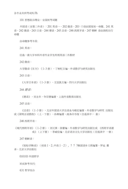 各专业共同考试科目： 101思想政治理论：全国统考试题 外国语(含第二.doc